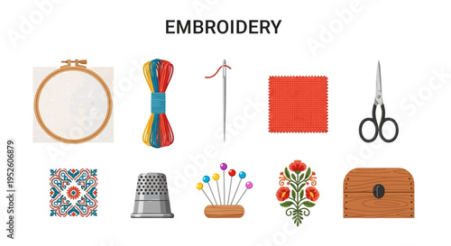 Embroidery tools and supplies collection.