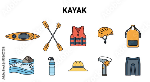 Kayaking equipment and accessories illustration.