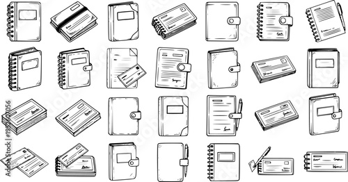 Hand-drawn sketch collection of various stationery and financial items including spiral notebooks, planners, journals, and stacks of checks for office and finance designs