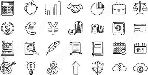 Hand-drawn Financial and Business Icons Set - Economy, Money, Investment, Growth, and Security Doodle Vector Collection