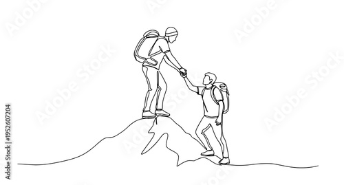 A minimalist line art illustration of two people helping each other climb a mountain