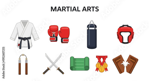 Martial arts equipment and gear collection.