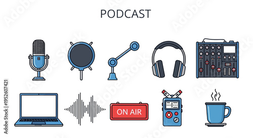 Podcast recording studio equipment icons set.