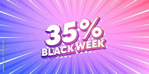 Black week sun rays gradient banner. Light burst background. Black week 35 percent sale. Special discount sign. Black friday offer symbol. Gradient sun rays. Sunburst light. Vector