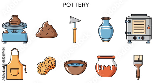 Pottery making tools and ceramics.