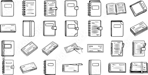 Hand-drawn Vector Icons Set of Books, Notebooks, Planners, and Bank Checks. Outline Stationery and Financial Documents Collection in Sketch Style.