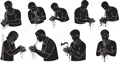 Silhouette of a man washing hands in various positions