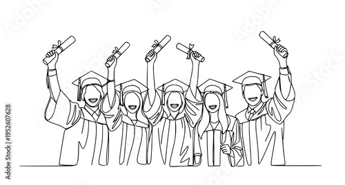 A minimalist line art illustration of graduates celebrating with diplomas