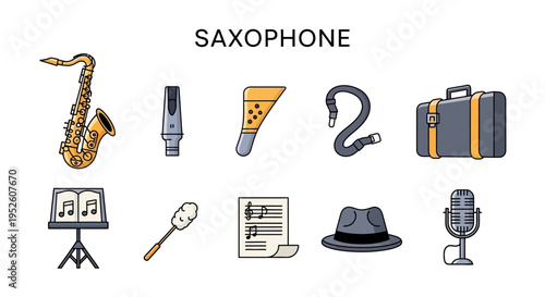 Saxophone music instrument icons set.