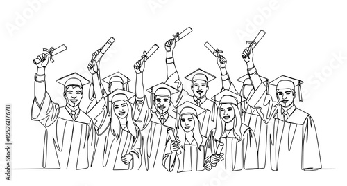A group of graduates in caps and gowns celebrating with diplomas