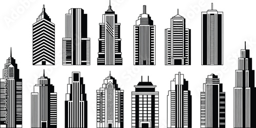 Black and white illustration of a diverse city skyline with skyscrapers
