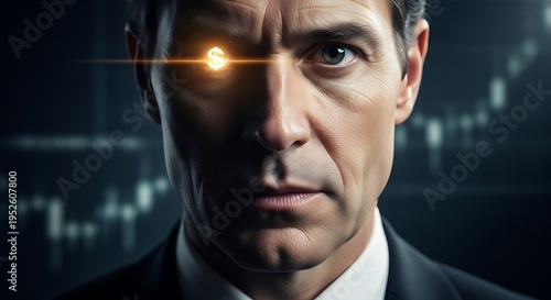 A powerful businessman with a luminous dollar symbol in his eye, representing astute financial vision and strategic insight against a backdrop of dynamic market trends
