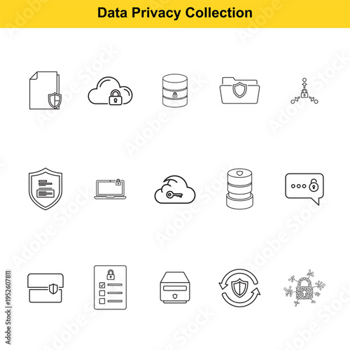 A set of minimal line icons depicts essential concepts related to data privacy, including secure file storage, encrypted cloud access, and password protection symbols.