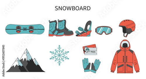 Snowboarding equipment and mountain landscape.