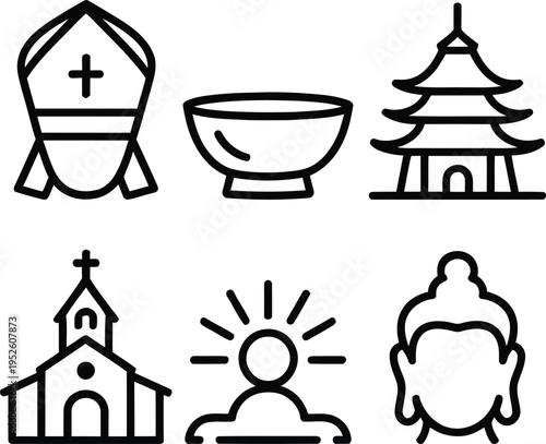 Iconic symbols representing diverse religious and cultural structures