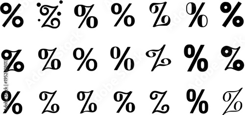 Detailed collection of diverse percentage symbols, showcasing various fonts, typographic styles, and creative designs of the percent sign for graphic design.