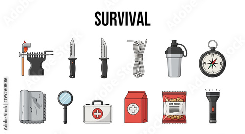 Survival tools and equipment icons set.