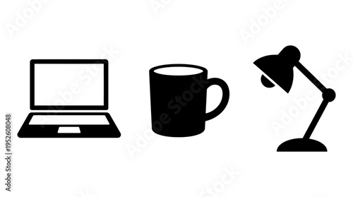 Desk essentials laptop, mug, and desk lamp icons