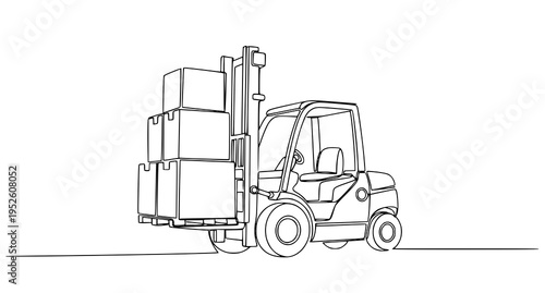 A line art illustration of a forklift carrying boxes in a warehouse setting