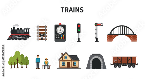 Trains and railway station elements icons.