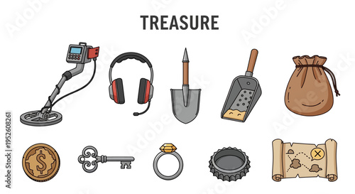 Treasure hunt icons and symbols collection.