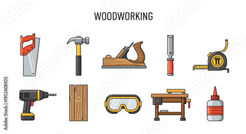 Woodworking tools and equipment illustration set.