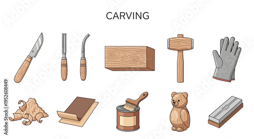 Wood carving tools and wooden objects.