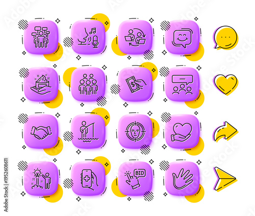 Handshake, Microphone and Teamwork process line icons. App 3d buttons. Social media comment, share, like icons. Pack of Fisherman, Smile chat, Group people icon. Vector