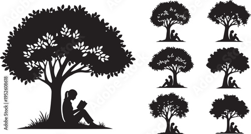 Silhouette of a woman sitting under a tree reading