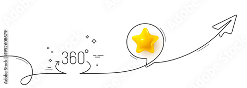 360 degree line icon. Continuous line with share plane. Full rotation sign. VR technology simulation symbol. 3d star in speech bubble. Full rotation single line ribbon. Loop curve pattern. Vector