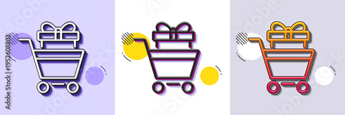 Shopping cart with gift line icon. Halftone dotted pattern. Gradient icon with grain shadow. Customer trolley sign. Supermarket sale symbol. Line shopping trolley icon. Various designs. Vector