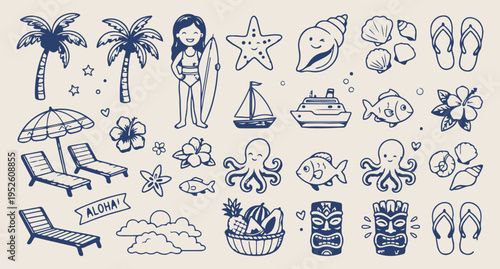 sea beach vector illustration, marine life icon collection, ocean summer design elements, beach vacation graphic bundle, sea creature doodle set, coastal illustration pack, ocean icon collection
