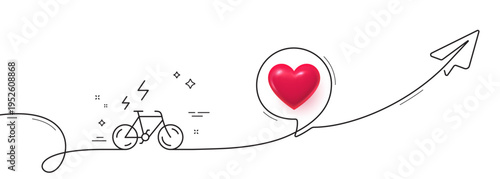 E-bike line icon. Continuous line with share plane. Motorized bicycle transport sign. Electric bike symbol. 3d heart in speech bubble. E-bike single line ribbon. Loop curve pattern. Vector