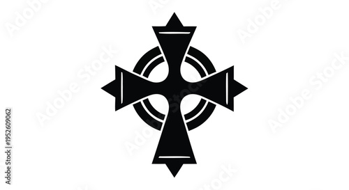 A striking black celtic cross with a circular halo against a white background