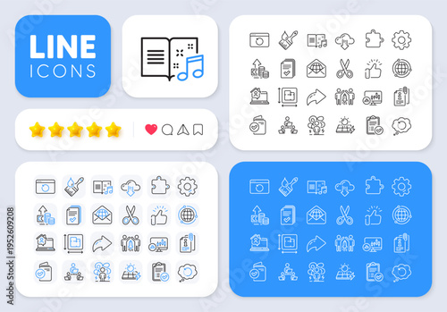 Handout, Difficult stress and Solar panels line icons for web app. Message, Share, Like social media icons. Pack of Cloud download, Cut, Candlestick chart pictogram icons. Vector