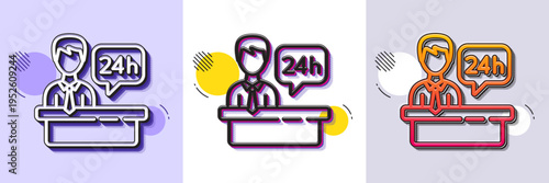 Reception desk line icon. Halftone dotted pattern. Gradient icon with grain shadow. 24 hour help sign. Hotel service symbol. Line reception desk icon. Various designs. Vector
