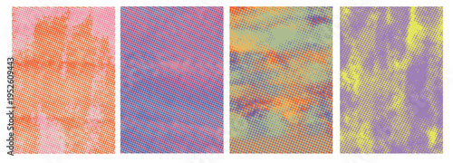 Riso print texture background with halftone overlay effect. Set of letterpress bright analog print banner in risograph style. Banners with brush vertical strokes