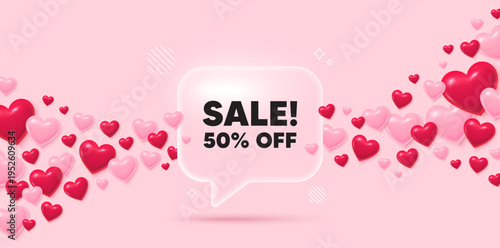 Sale glass speech bubble. 3d hearts pink background. Sale 50 percent off discount. Promotion price offer sign. Retail badge symbol. Valentines day greeting card. Flying hearts. Vector