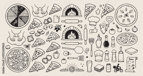 pizza food vector illustration, italian cuisine doodle set, bakery oven cooking icons, fast food pizza elements pack, restaurant kitchen graphic bundle, cooking food illustration set, pizza icon colle