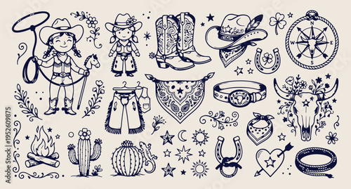 Western cowboy country life pattern, hand drawn rancher boots sketch, wild west cowboy hat doodle, rodeo country music background, desert adventure vector illustration, rustic western lifestyle art, s