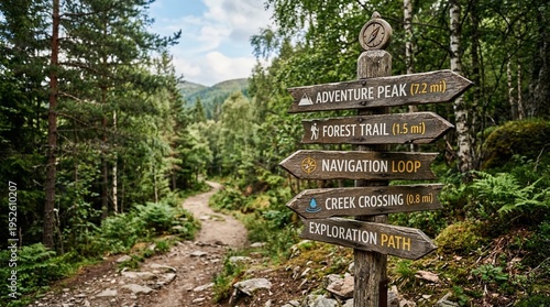 Wooden signpost with multiple trail directions in a lush green forest, hiking path.