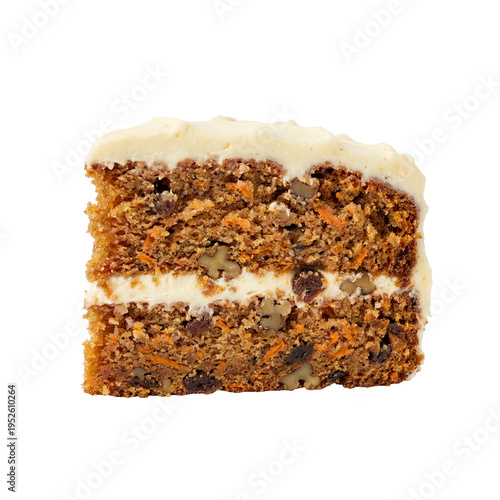 Moist carrot cake slice with fresh carrots, walnuts, raisins, and creamy sweet cream cheese frosting. Perfect dessert