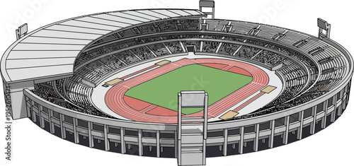 An aerial view illustration depicts a large, modern stadium featuring a running track surrounding a green field.