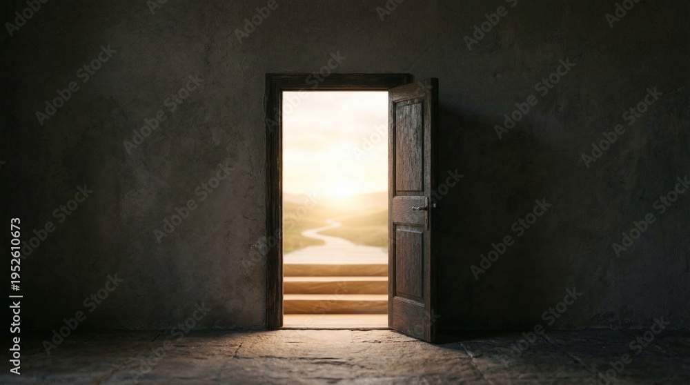 Obraz premium Open Door to Bright Future, Hope, New Beginnings, Pathway to Success, Sunrise