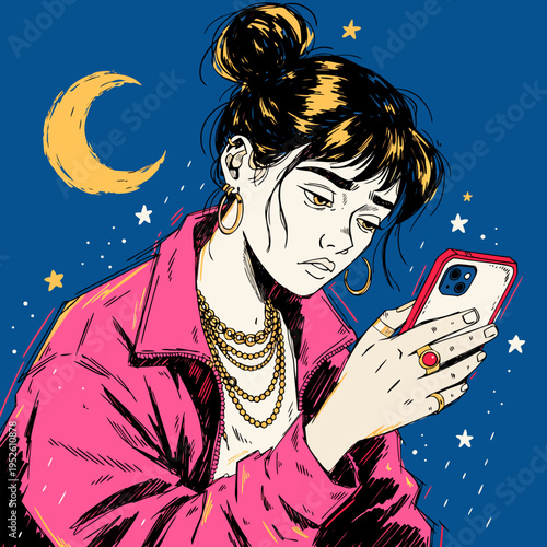 Tired Young Woman Experiencing Digital Burnout and Social Media Fatigue while Doomscrolling on Smartphone at Night, Retro Pop Art Vector Illustration