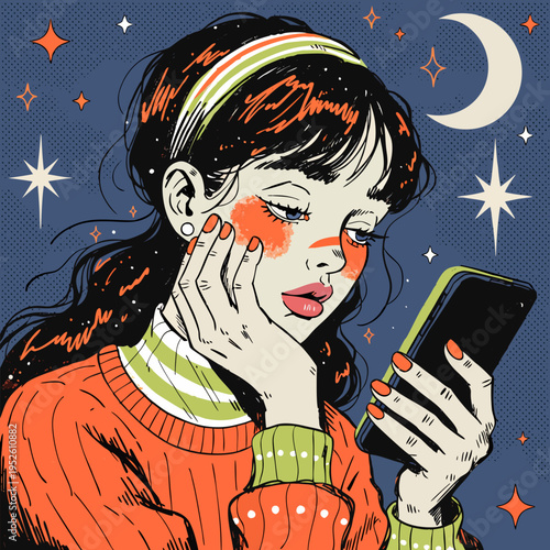 Tired Young Woman Experiencing Digital Burnout and Social Media Fatigue while Doomscrolling on Smartphone at Night, Retro Pop Art Vector Illustration