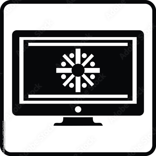 Computer Screen Icon with Abstract Snowflake or Star Symbol, Representing Technology, Data, or Security in a Simple Black and White Graphic Style, White Background