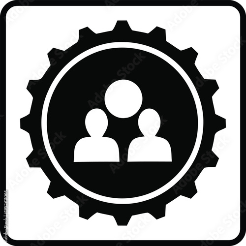 Teamwork Icon with People Silhouettes Inside a Gear, Representing Collaboration, Industry, and Business Synergy in a Simple Black and White Graphic, White Background
