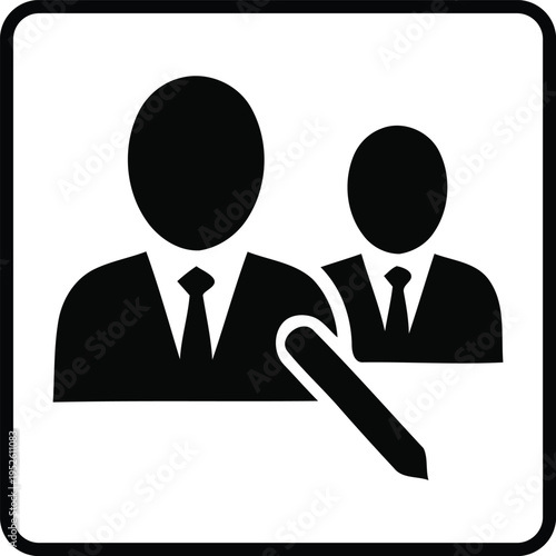 Two Businessmen Icons Pointing Forward, Symbolizing Leadership, Direction, and Decision Making in a Simple Black and White Graphic Style, White Background