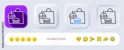 Food delivery line icon. Neumorphic, Flat shadow, 3d buttons. Meal order sign. Fast food symbol. Line fast food icon. Social media icons. Vector